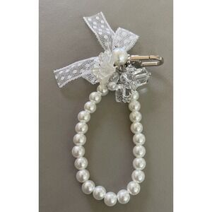 Key Chain Bag Fob White Pearls Rhinestones‎ Charm Bling Fancy Bow